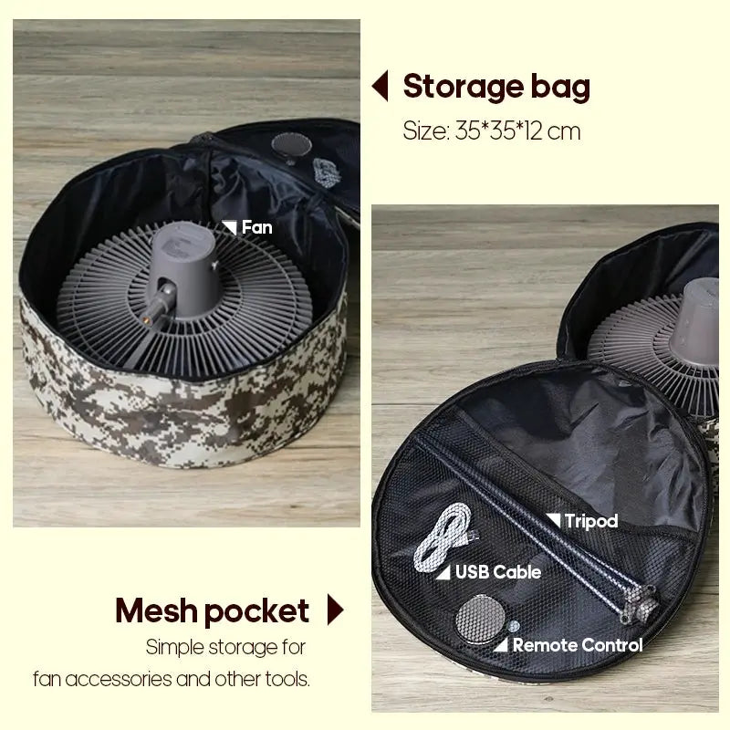 KINSCOTER 10000mAh outdoor camping fan kit by Simples Market in camo storage bag with tripod, USB cable and remote.