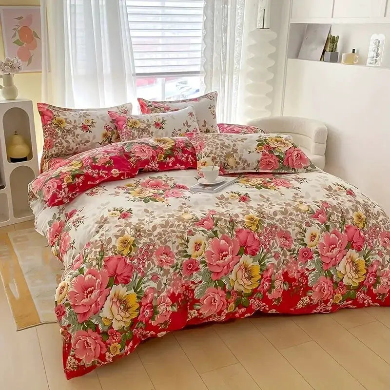 Floral duvet cover set by Simples Market, pink/yellow pattern with zipper, includes duvet cover and 2 pillowcases