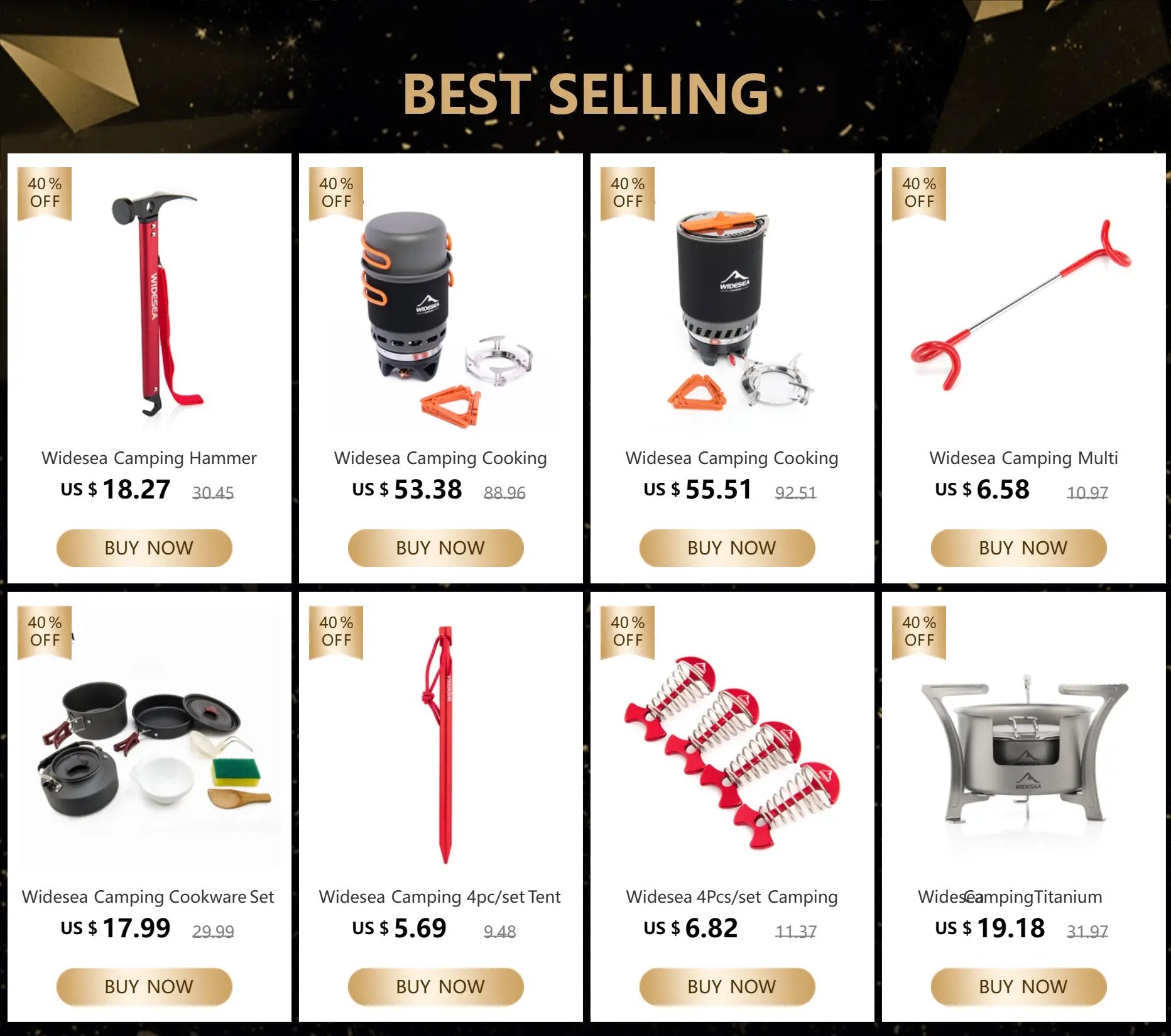 Widesea camping gear collage: best-selling grid with hammer, stove, cookware and more.