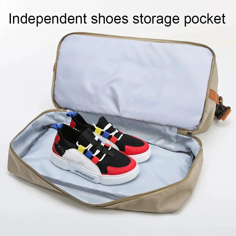 Simples Market travel gym bag in beige with blue lining, holding a pair of black and red sneakers.