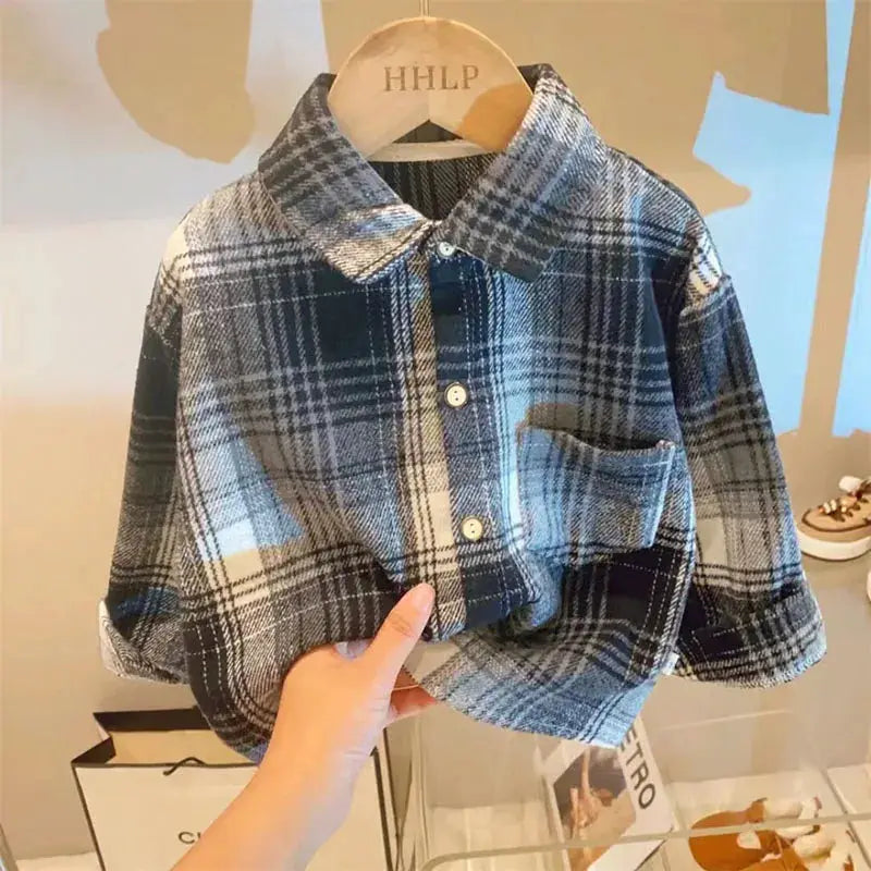 Autumn Plaid Shirt For Girls And Boys Casual Retro Lapel Long Sleeve Single Breasted Top