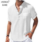 Men's linen shirt, white, casual stand-up collar, short sleeves, chest pocket, Simples Market