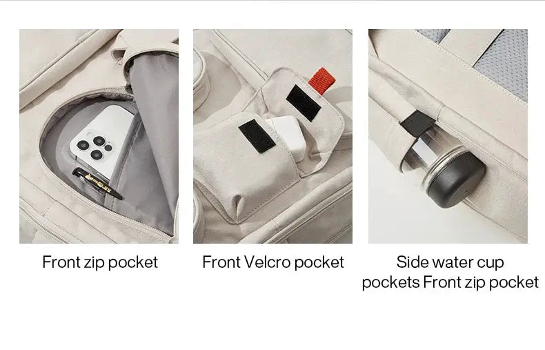 Mixi outdoor backpack beige travel rucksack with front zip and Velcro pockets, Simples Market.