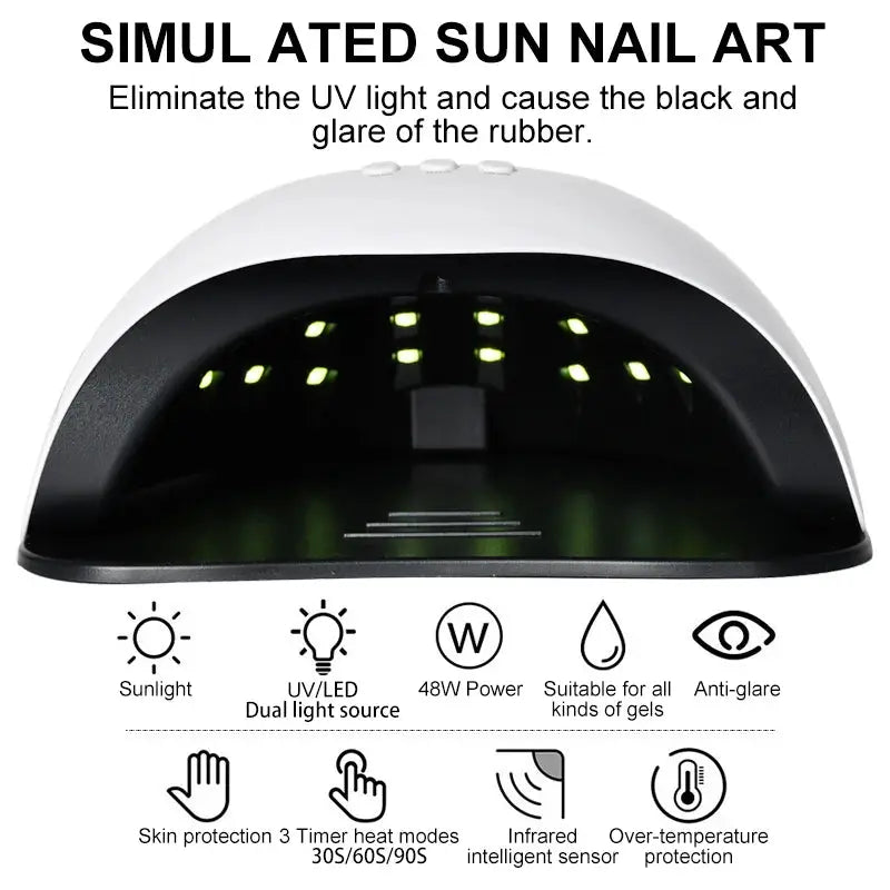 White UV LED nail dryer lamp for gel nails; 48W power, part of professional gel nail polish kit