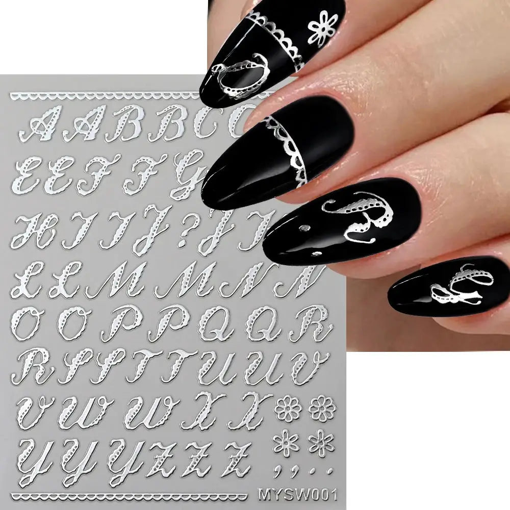 Simples Market 3D Roman letter nail sticker set in silver, self-adhesive decals for manicures
