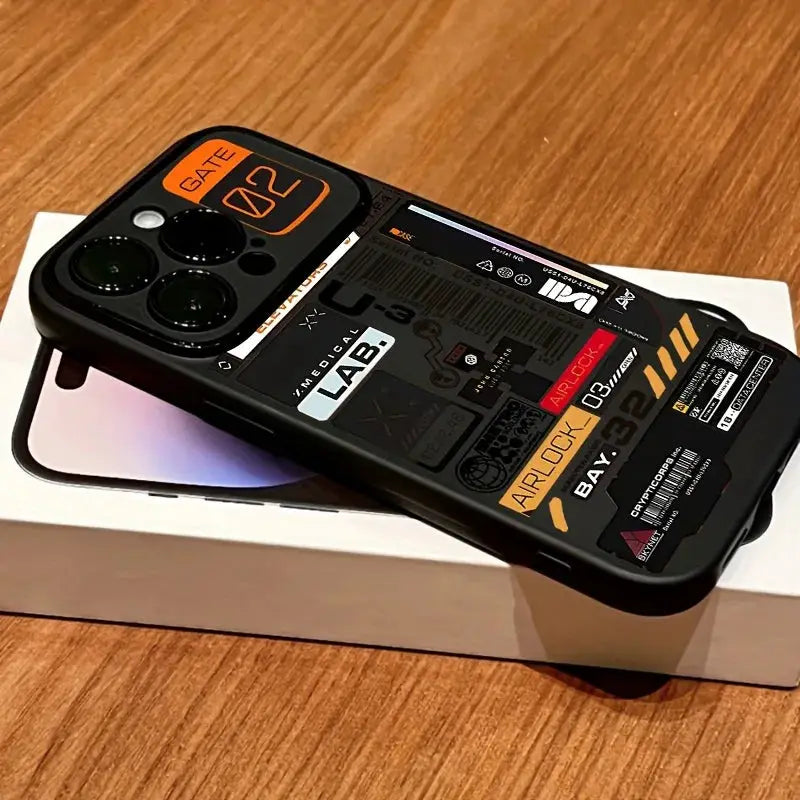 Phone case for iPhone models, black shockproof back with label-print design, Simples Market.