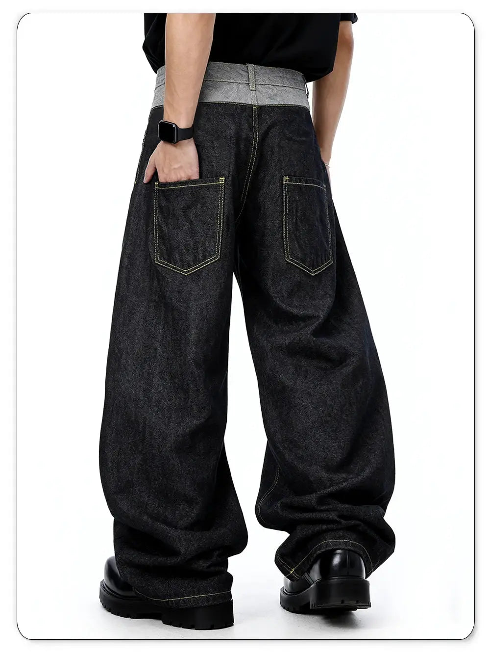 LIYS men's baggy wide-leg dark denim jeans with double gray waistband and yellow-stitched back pockets, street style.