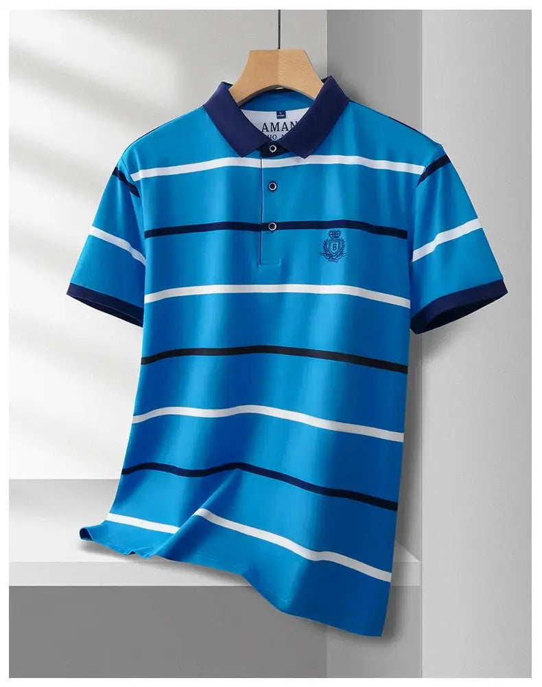 Men's blue striped polo shirt by Simples Market; short sleeves, navy collar, chest embroidery, white and navy stripes