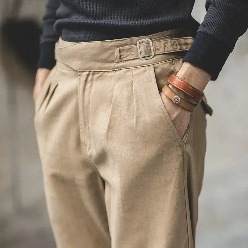 Maden Vintage Khaki Gurkha Pants by Simples Market, adjustable high-waist casual cargo trousers in beige