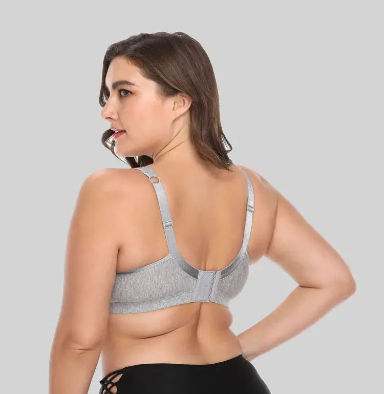 Plus-size gray bra with adjustable straps and back hook closure