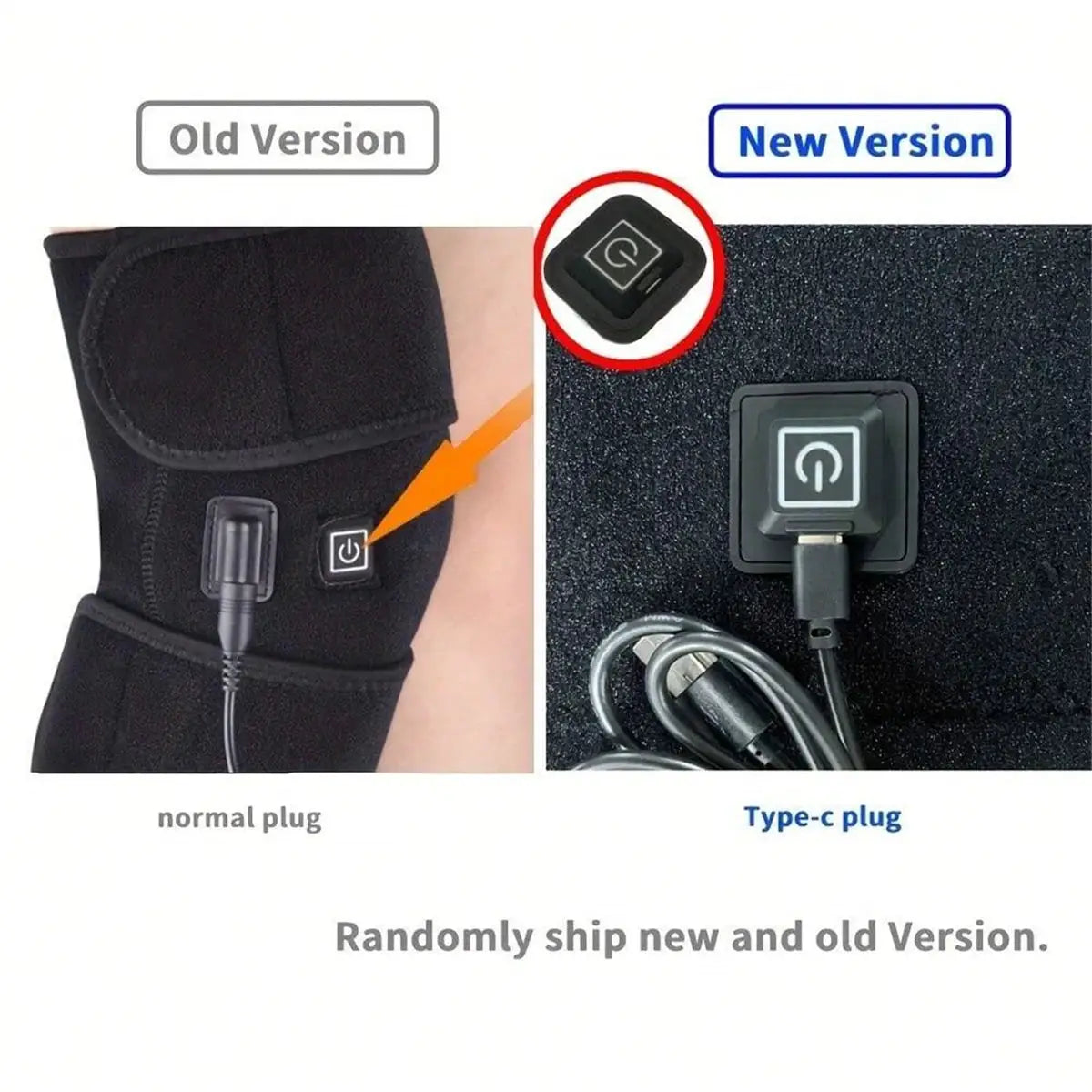Heated and Vibrating Knee Massage Pad by Simples Market, black knee wrap with power button and Type-C plug