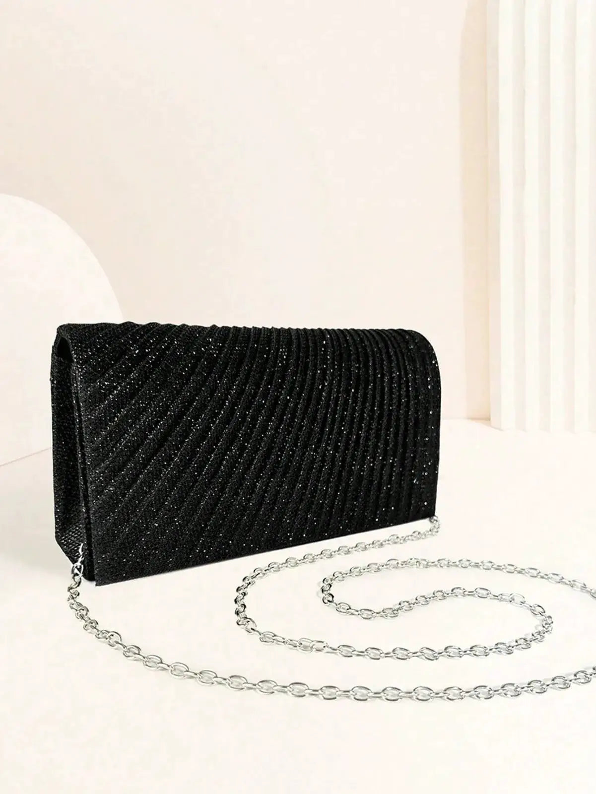 Simples Market black glitter evening envelope clutch with silver chain strap
