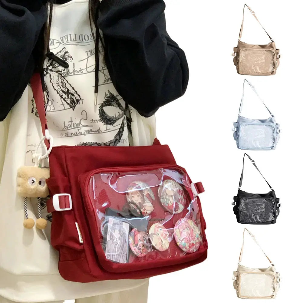 Simples Market Women Ita Bag red Japanese-style shoulder purse with clear window, multi-pocket and adjustable strap