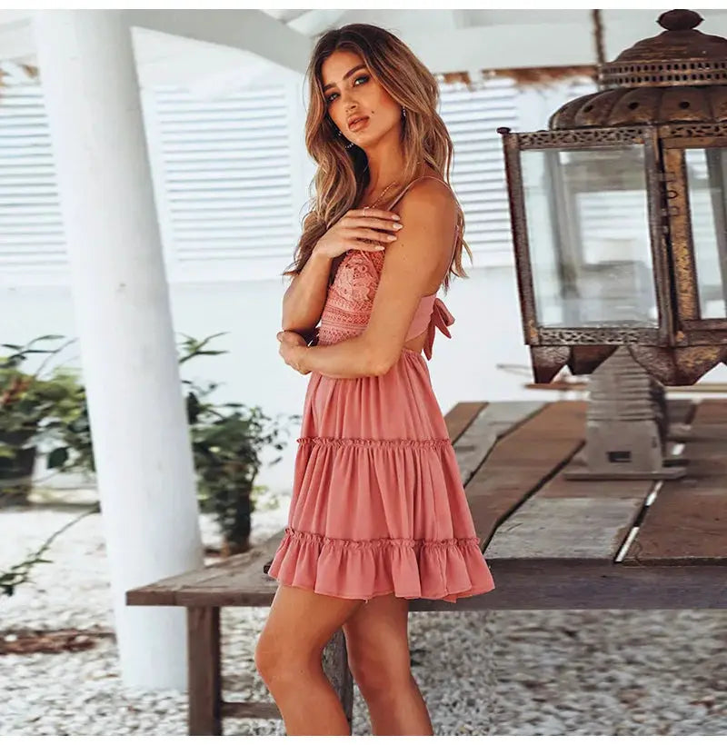 AzureWave Solid Color Lace Strap A Line Dress Lightweight Elegant Summer Seaside Vacation Wear