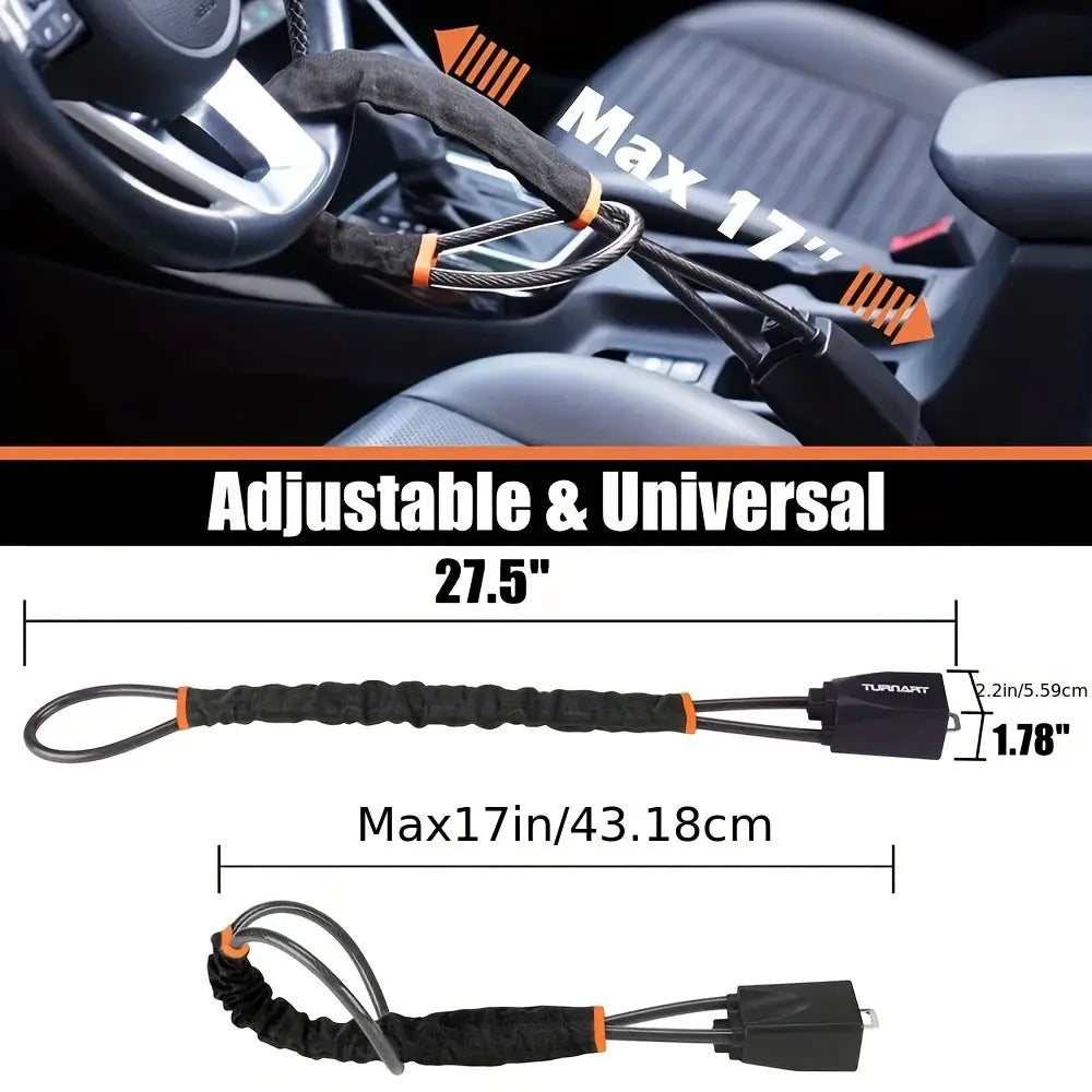 Car steering wheel lock by Turnart; adjustable steel cable, universal fit, black with orange accents, 17in max