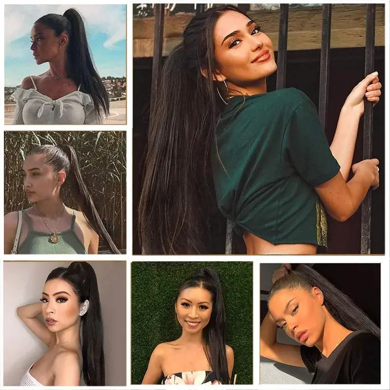 Six-image collage of women wearing 24-inch synthetic long straight clip-on ponytail extensions; heat resistant, black hair.
