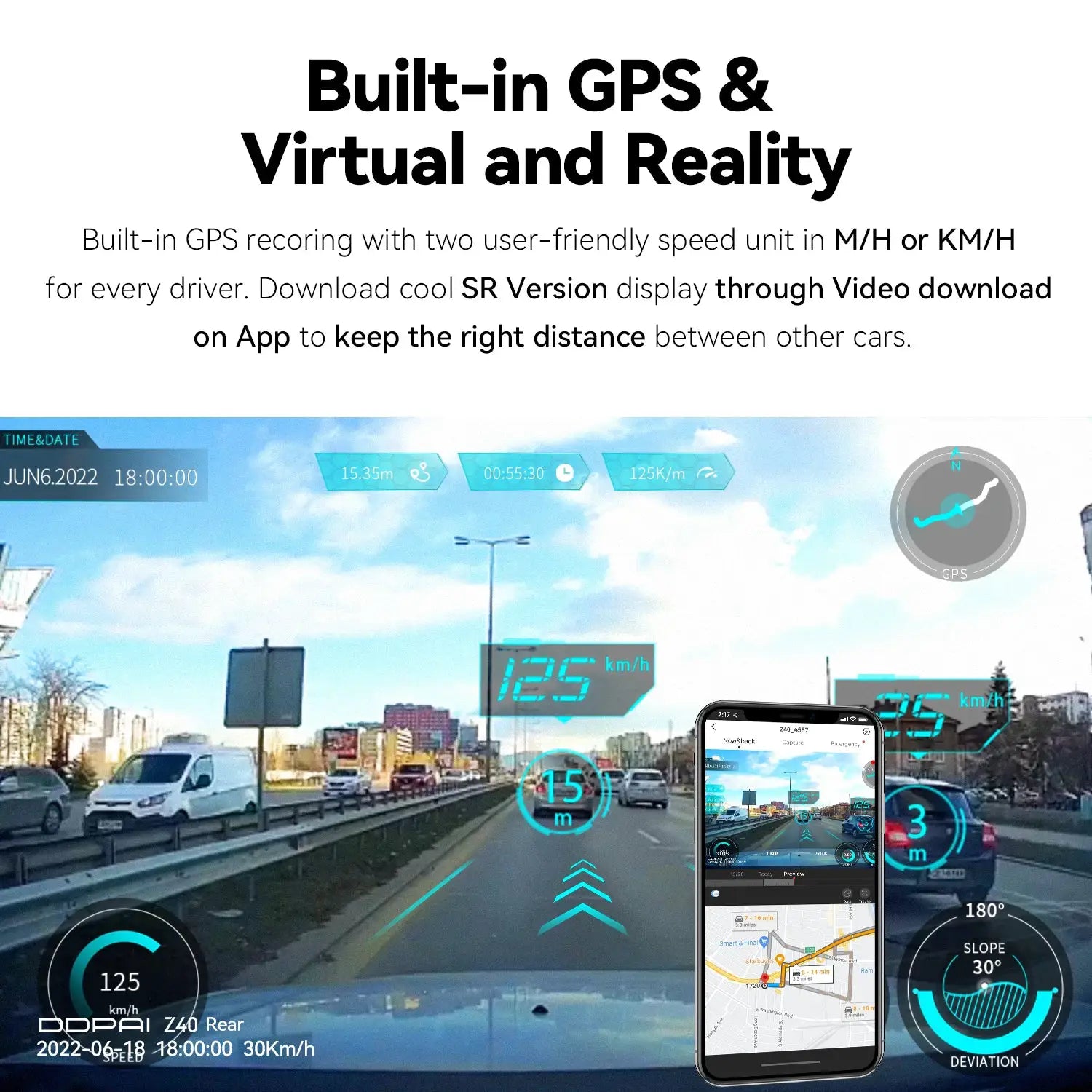 DDPAI Z40 dash cam by Simples Market with built-in GPS, AR HUD overlays and smartphone app view