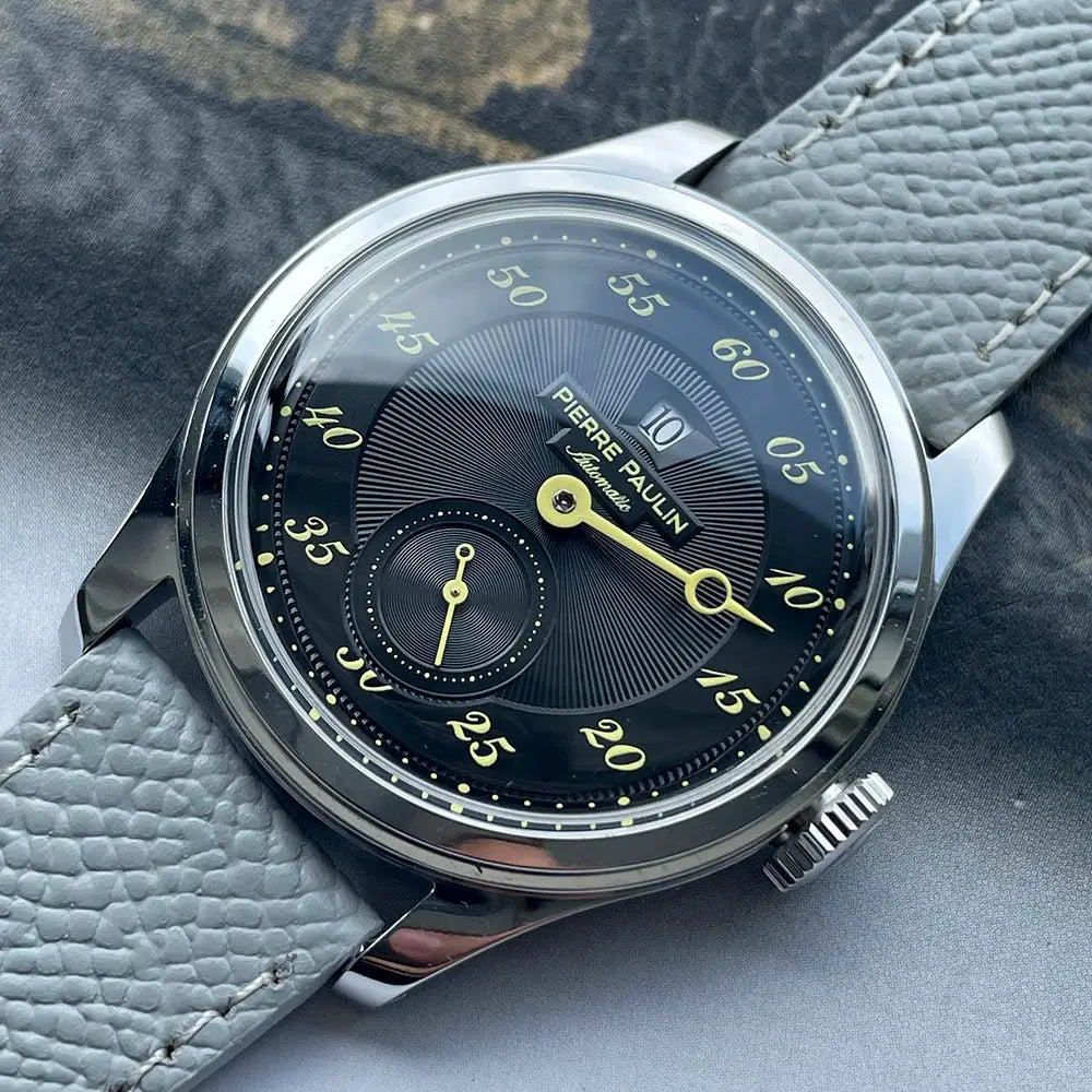 Pierre Paulin Jumping Hour men's automatic watch with salmon dial and gray leather strap