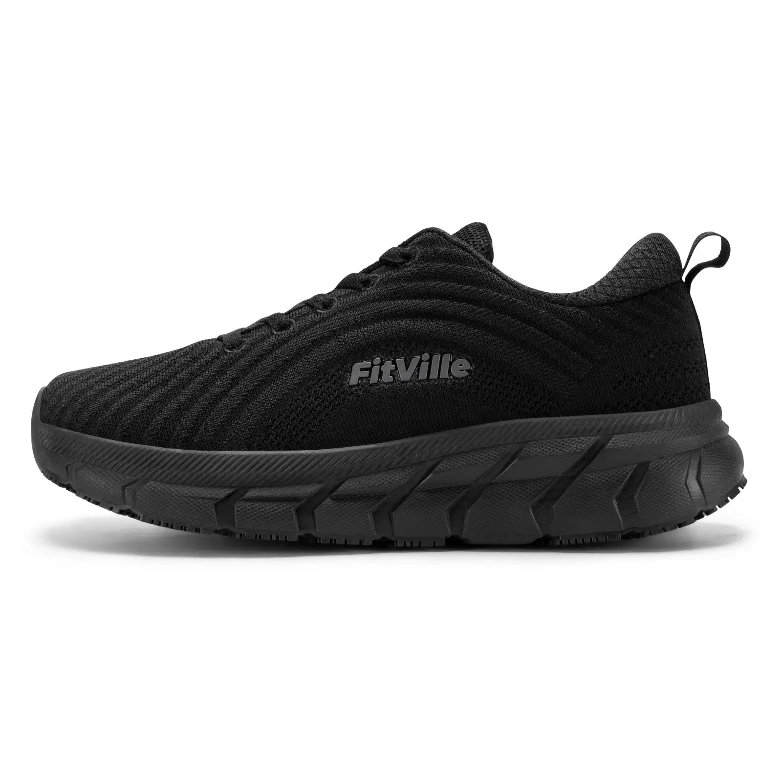 FitVille men's wide-toe-box running shoe with black mesh upper and cushioned sole