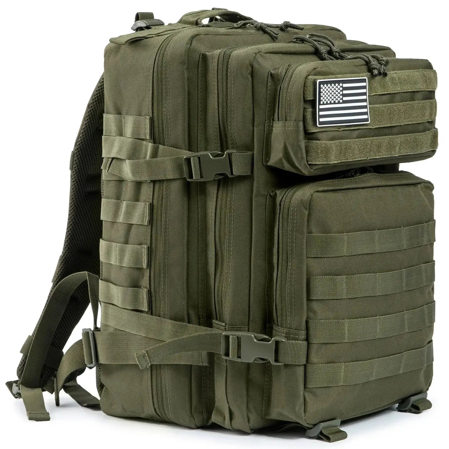 45L tactical backpack in olive green with MOLLE webbing, multiple pockets, and a US flag patch