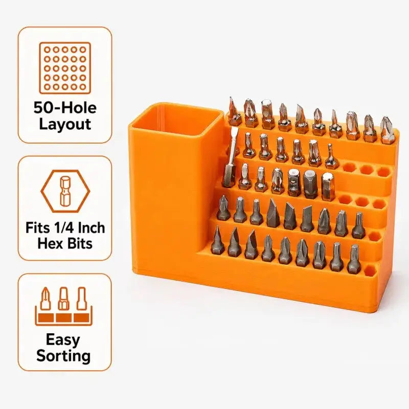 Rafford 50-Hole 1/4 Inch Hex Bit Holder orange organizer rack by Simples Market for DIY workshop