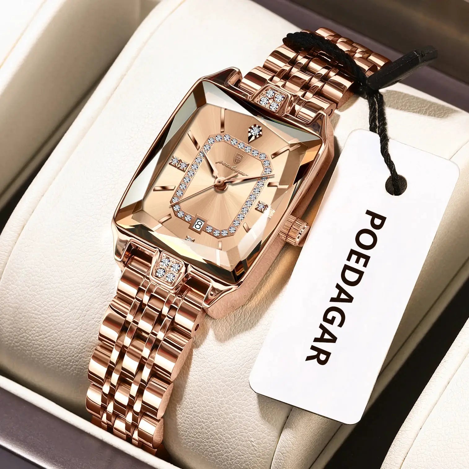 Watch POEDAGAR rose-gold luxury women's with diamond-studded bezel and bracelet