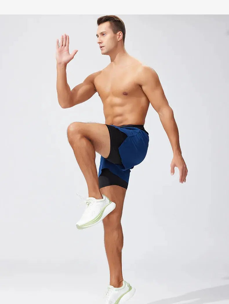 Mens double-layer running shorts, blue outer with black inner panel, quick-dry breathable outdoor athletic wear