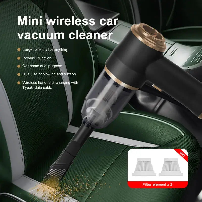 Simples Market mini wireless car vacuum cleaner, black with bronze accents and clear dust chamber; includes 2 filter elements