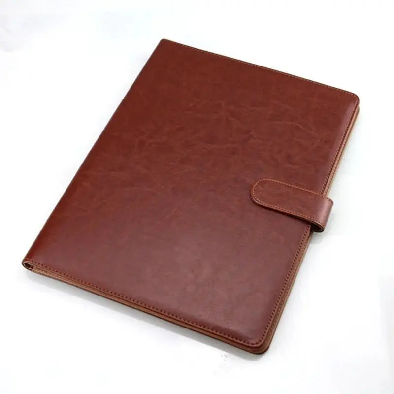 Multifunctional A4 conference folder in brown PU leather with strap for office desk organization