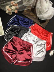Women's satin shorts set of six colors navy, black, red, white, silver, and burgundy with white piping.