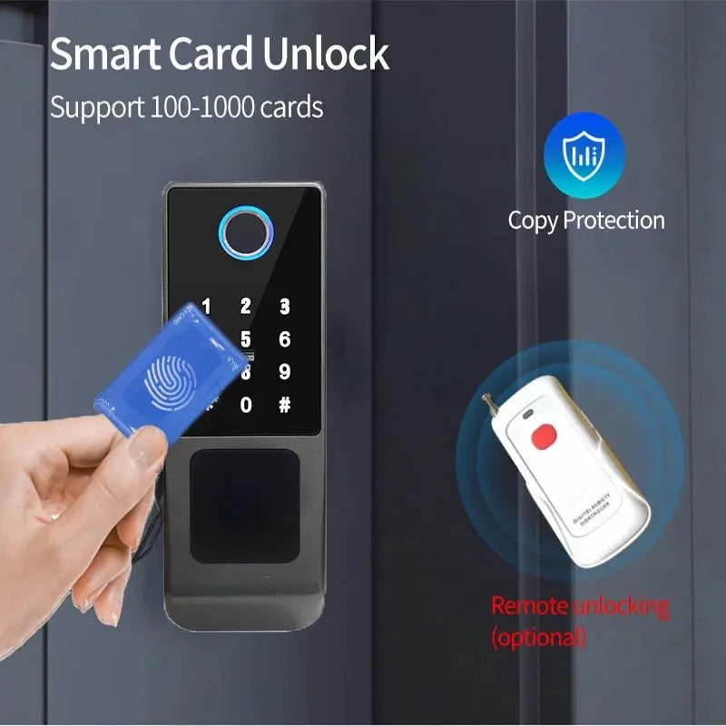 Tuya WiFi fingerprint smart door lock by Simples Market with keypad, card access, and remote app control