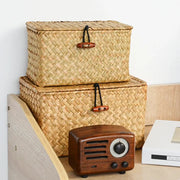 Storage baskets with lids, rectangular seagrass rattan, natural beige, handmade, set of 2