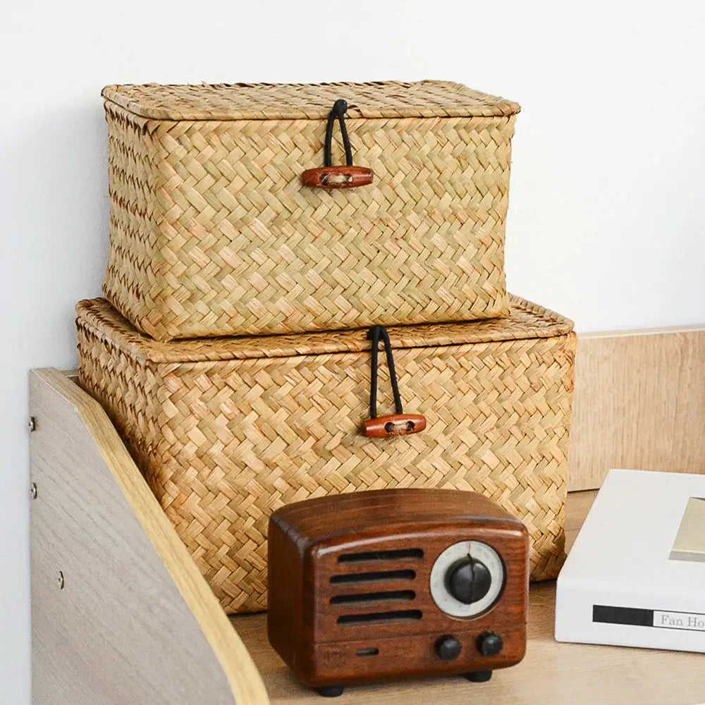 Storage baskets with lids, rectangular seagrass rattan, natural beige, handmade, set of 2