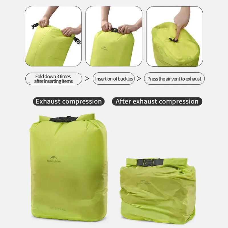 Naturehike rolled storage bag set in lime green, lightweight waterproof vacuum compression bags with buckle strap