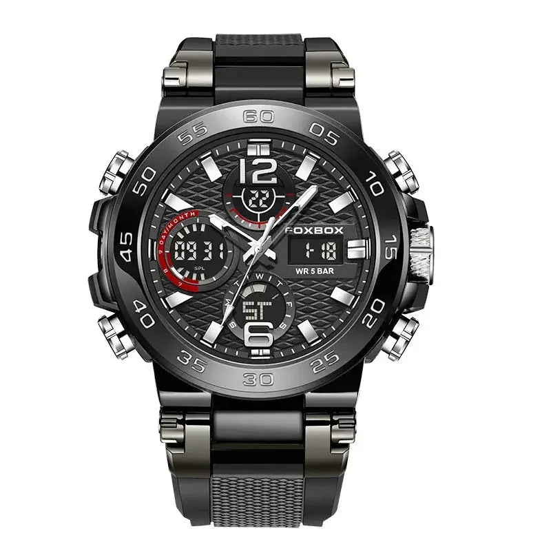 LIGE electronic men's wristwatch, black stainless steel with analog-digital LED display and Foxbox branding