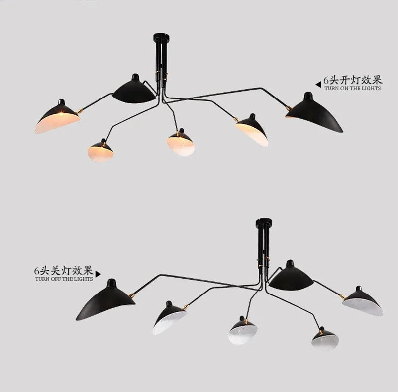 Mouille Nordic spider ceiling lamp, 6-head black metal pendant with white interior shades