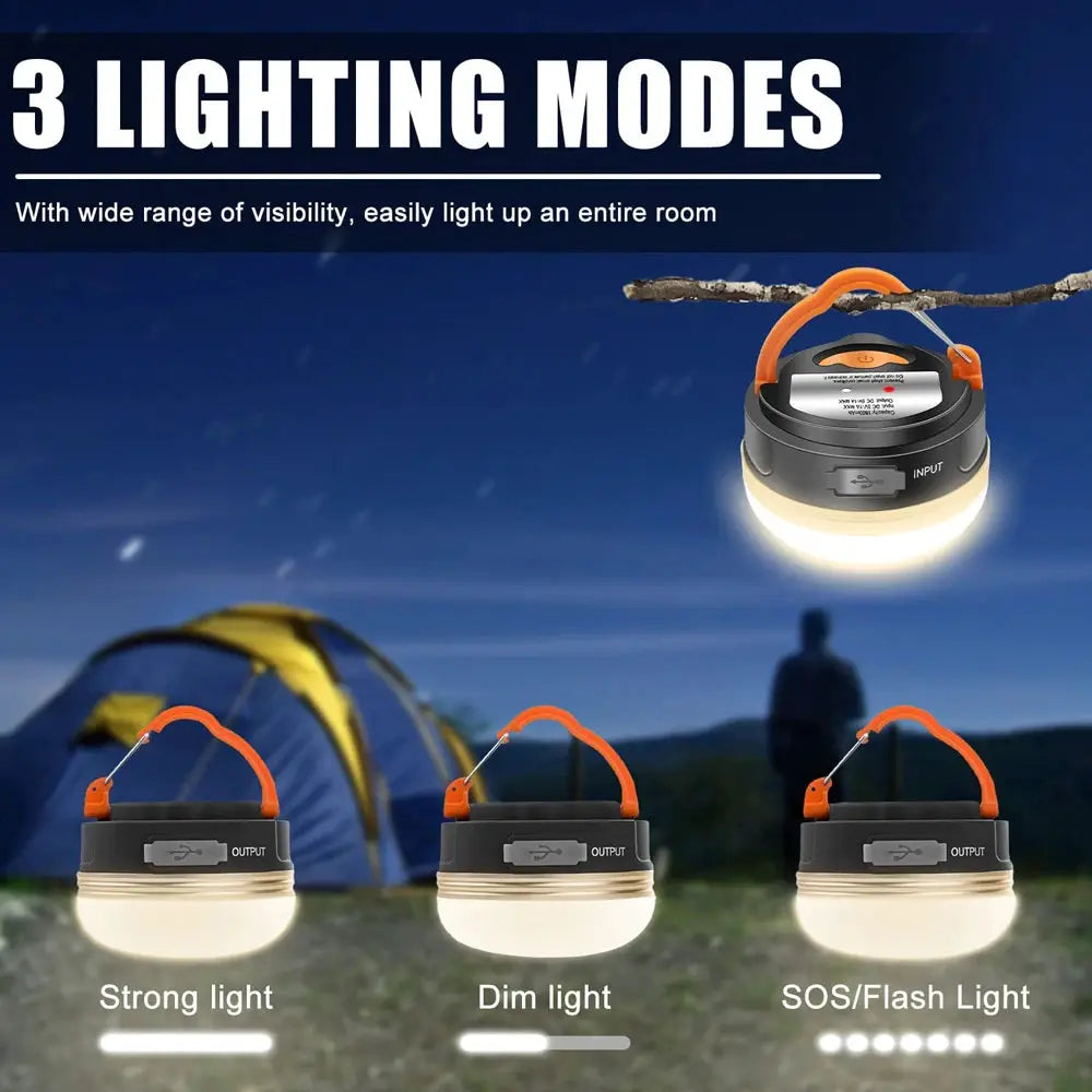 Camping lanterns by Simples Market, 10W USB rechargeable with orange handles, three lighting modes; set of 3.
