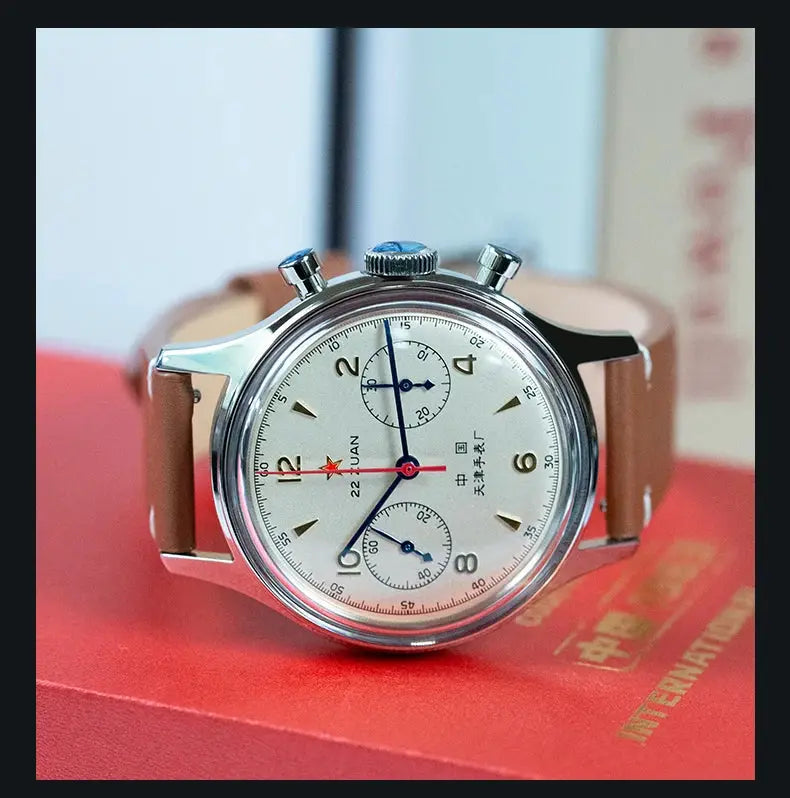 Seagull 1963 International Edition men's mechanical pilot chronograph watch with white dial and brown leather strap