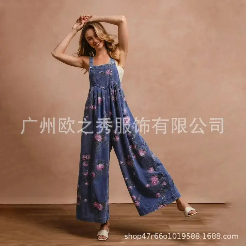 Denim floral-print sleeveless jumpsuit overalls for women with wide-leg pants