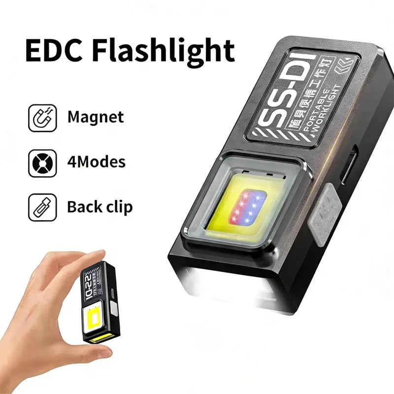 Simples Market black mini COB LED keychain flashlight USB-C rechargeable with magnet and back clip.