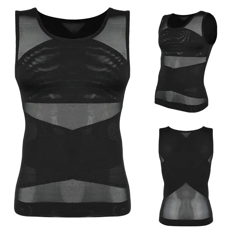 Mens slimming body shaper vest; black mesh sleeveless compression undershirt by Simples Market