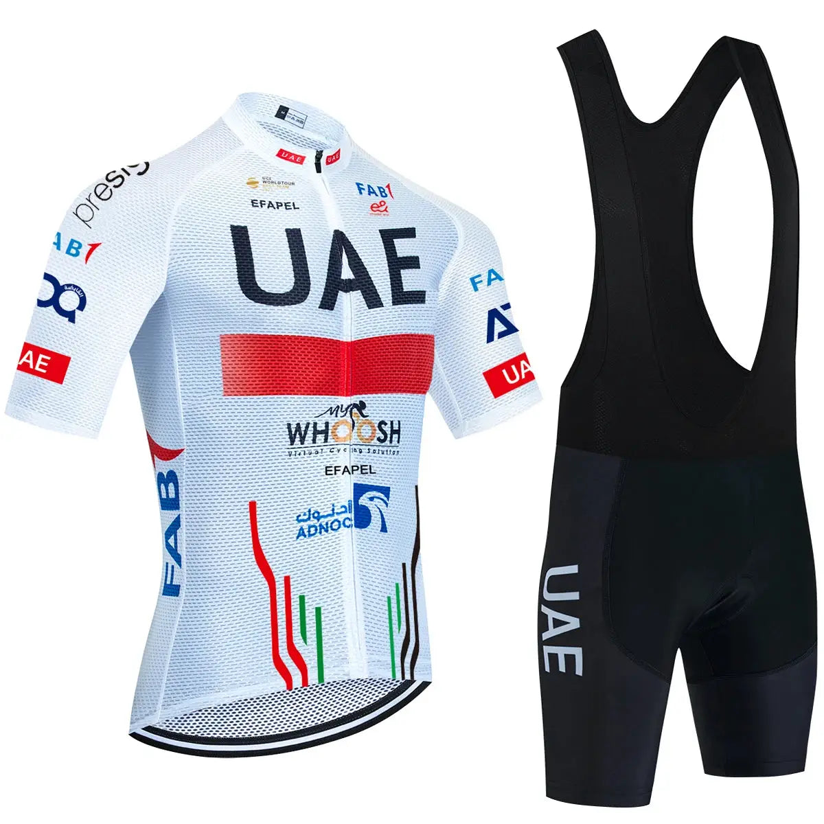 UAE cycling jersey set: white short-sleeve jersey with bold UAE logos and red stripe, paired with black bib shorts.