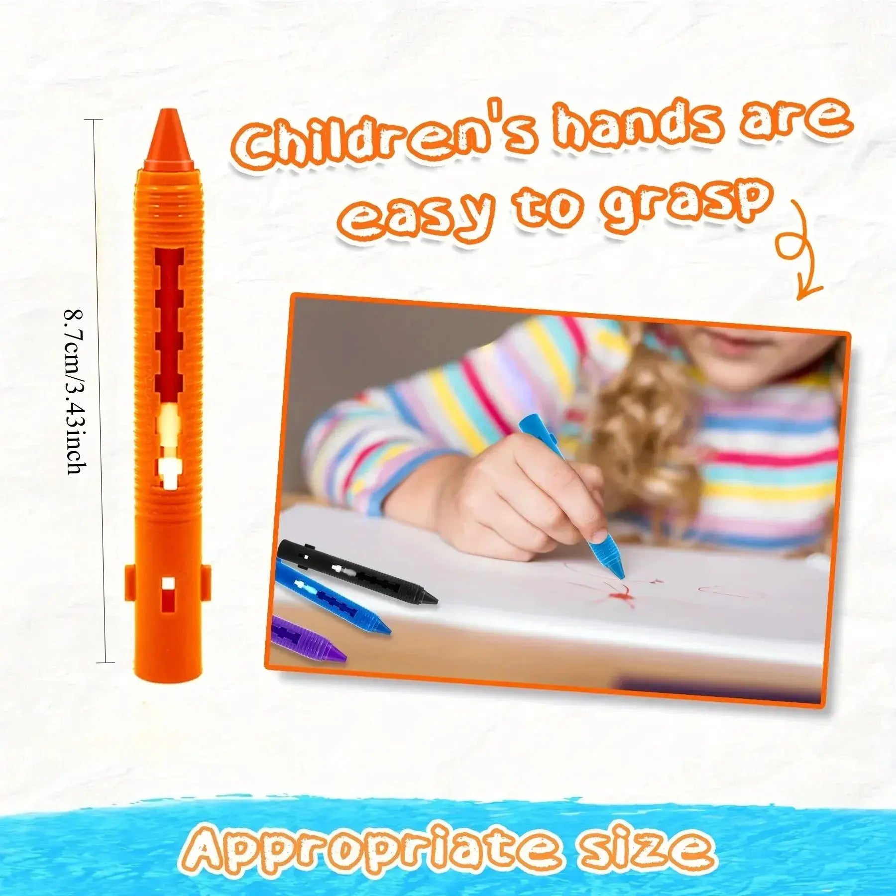 Washable Bath Crayons Set by Simples Market; orange bath marker with blue markers, kid-friendly bath-time art