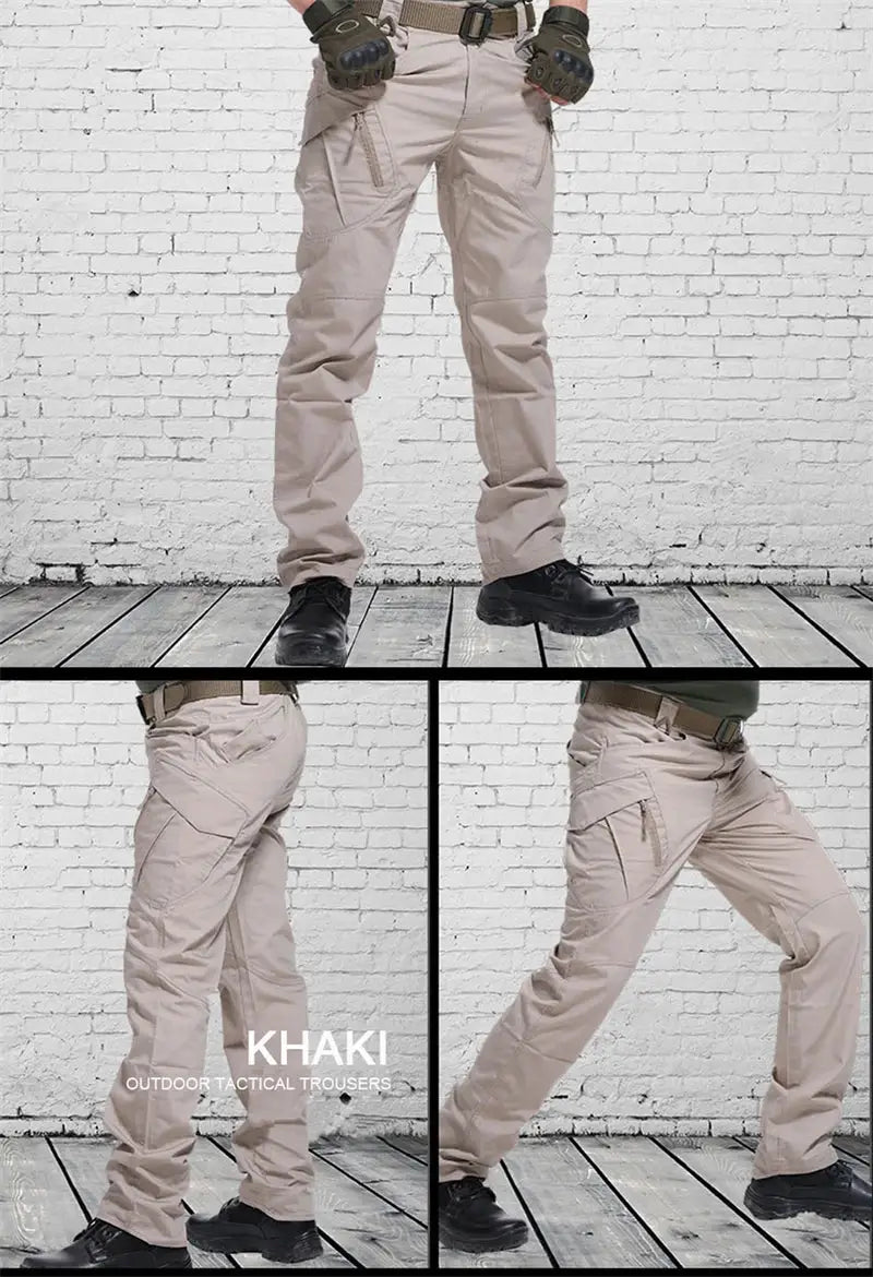 Simples Market khaki tactical cargo pants for men with multiple pockets and zippered side pockets