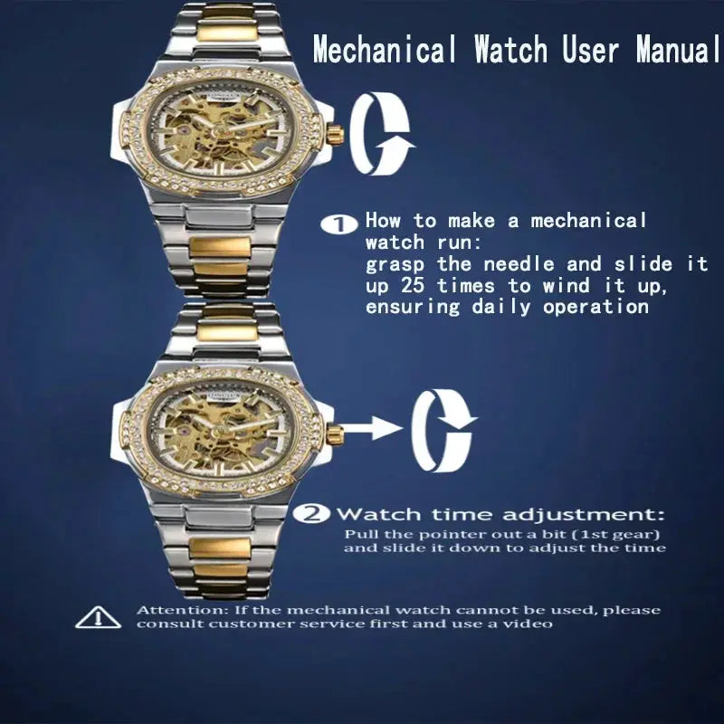LONGLUX automatic skeleton watches, two-tone stainless steel with diamond bezel, 2 watches