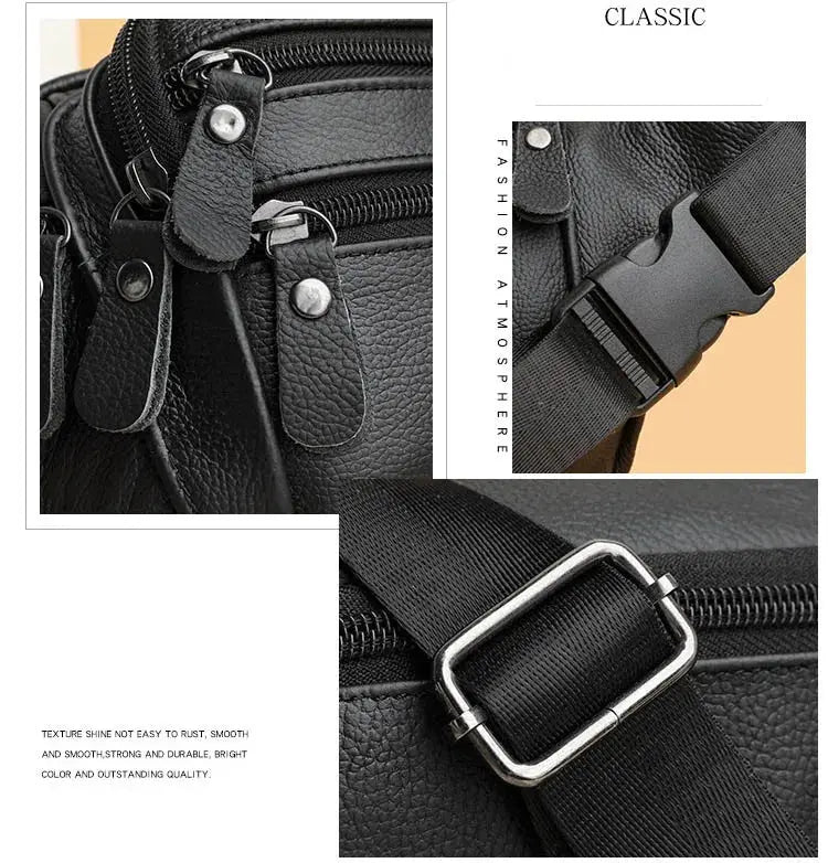 Simples Market men's genuine leather fanny bag with adjustable strap and black zip pockets.