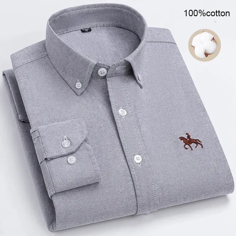 Men's 100% cotton Oxford shirt, light gray, long sleeve with brown horse logo