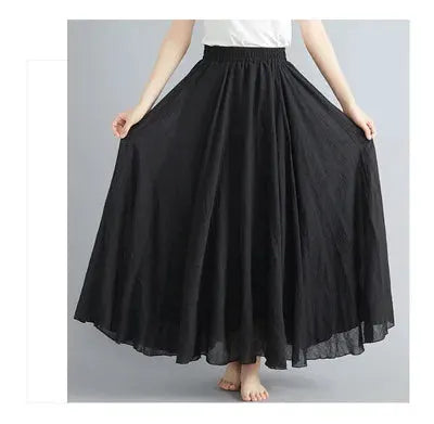 Long black Mori Girl cotton-linen skirt with elastic waist for women