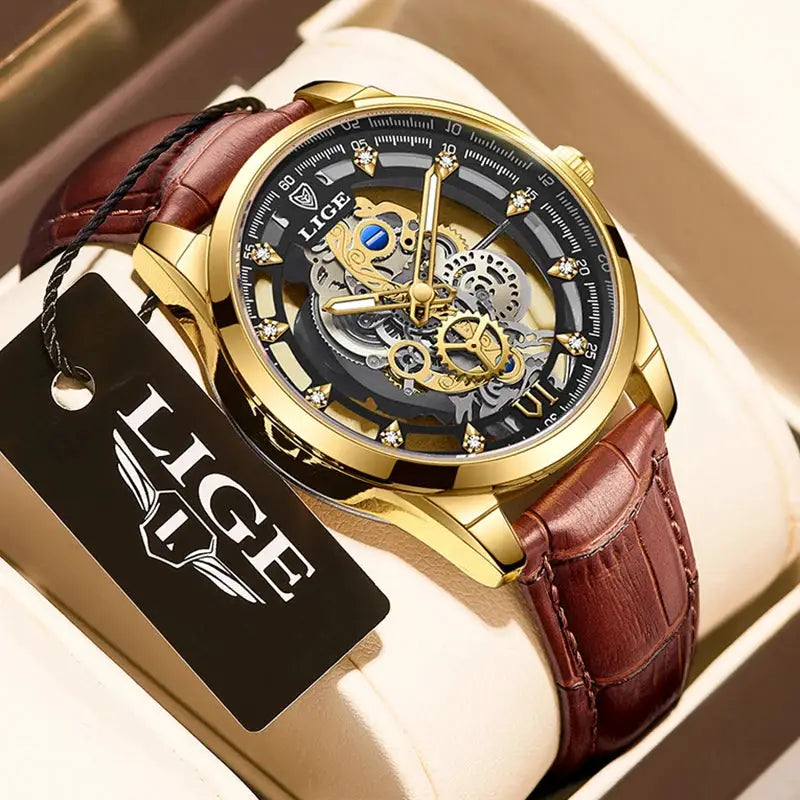 LIGE men's gold-tone skeleton watch with stainless steel case and brown leather strap