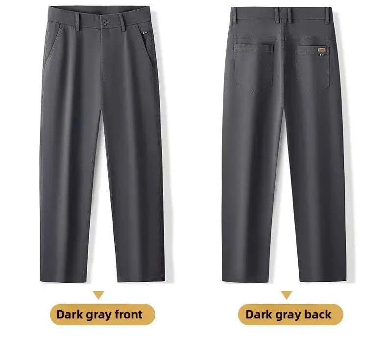 Simples Market autumn men's cotton pants, dark gray, classic straight fit with elastic waist, front and back views